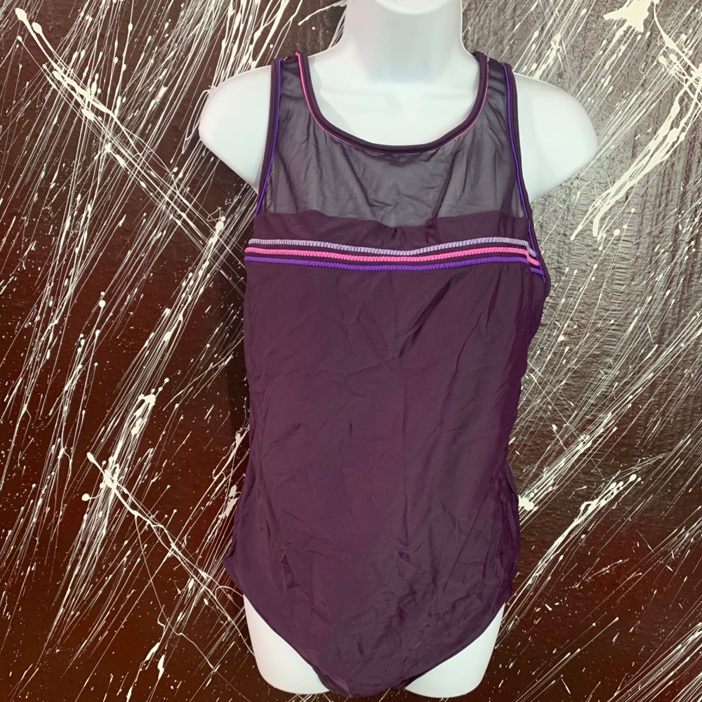 Christina Womens Purple Mesh High Neck One Piece Swimsuit Cutout Back Athletic